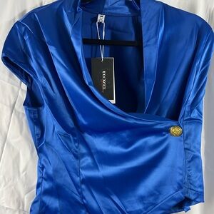 Uoozee Royal Blue Satin Wrap Top Gold Button Blouse Size L NWT
